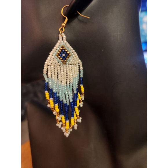 Handcrafted Beaded Fringe Earrings Blue White Yellow - Picture 7 of 9